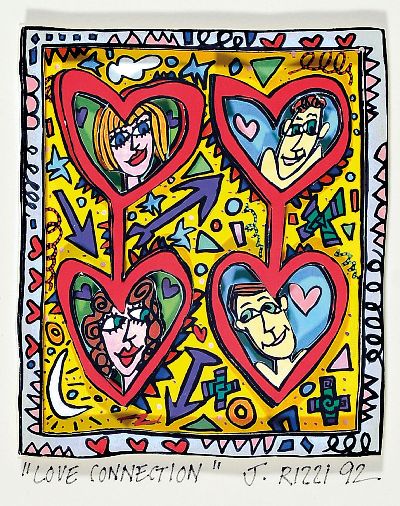 James Rizzi, 1950-2011 New York, 3D-Grafik, Siebdruck, "Love Connection", 1992, handsigniert und datiert, 12,5x11 cm, unter Glas gerahmt ...