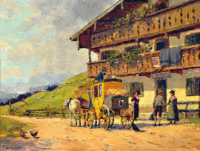 Peter Eichhorn, 1877 Bamberg-1960 München, Vor der Post, rückseitig so betitelt, Öl/Holz, links unten sign., ca. 14x18cm, R. ca. 28x32 cm