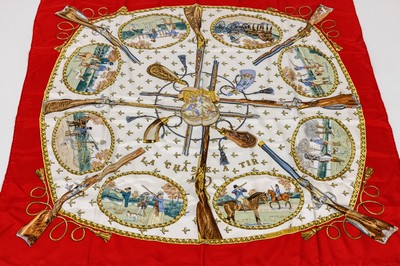 HERMES Carree, 100 % Seide, La Chasse a Tir, Philippe Ledoux 1971, roter Rand, cremefarb. Grund, Jagdszenen, ca. 88 x 88 cm, fleckig, kl. Loch, Label ...