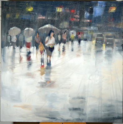 Attasit Pokpong, geb. 1977, zeitgen. Künstler aus Bangkok, Menschen auf der Straße bei Regen, Öl/Lwd, rechts unten sign., ca. 130x 130cm