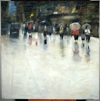 Attasit Pokpong, geb. 1977, zeitgen. Künstler aus Bangkok, Straßenszene im Regen Öl/Lwd, rechts unten sign., ca. 100x100cm