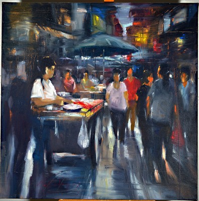 Attasit Pokpong, geb. 1977, zeitgen. Künstler aus Bangkok, vielfigurige Szene auf einem Markt, Öl/Lwd, rechts unten sign., ca. 100x 100cm
