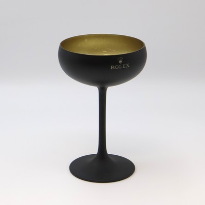 ROLEX auf 50 Stück limitierter Champagner Kelch, Schweiz, Glas matt-schwarz, innen goldfarb., H. ca. 14,5 u. D. ca. 9,5 cm, in gebrauchsfähigem ...