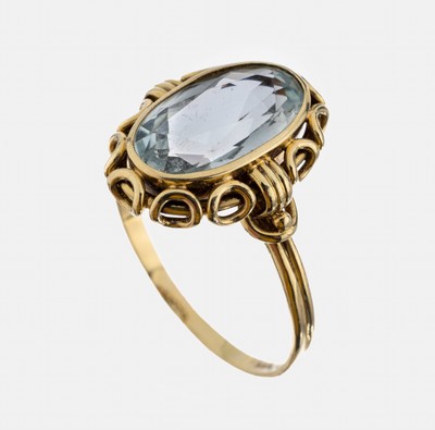 14 kt Gold Aquamarin Ring, 1930er Jahre, GG 585/000, ovalfacett. Aquamarin ca. 3.00 ct,Unterkaderung mit kreisförm. Elementen, ca. 4.5 g, RW 62