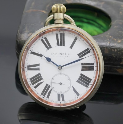 A.WEBSTER & Co große Eisenbahner-Taschenuhr in Nickel, Schweiz um 1890, glattes Geh. dell., Emailzifferbl. riss., röm. Zahlen, gebl. Zeiger, kl. ...