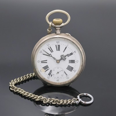 ECLIPSE große offene Taschenuhr in Silber mit Nickel-Kette, Schweiz um 1890, Geh. dell., Rückdeckel m. floraler Grav. u. Monogrammspiegel, ...