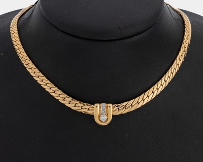14 kt Gold Brillant-Collier, GG 585/000, 4 Brillanten zus. ca. 0.12 ct Weiß/si, L. ca. 42cm, Karabinerschließe, ca. 18.7 g
