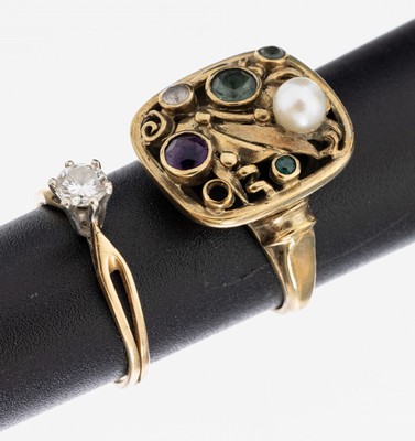 14 und 8 kt Gold Ring-Konvolut, 1 x GG/WG 585/000, Brillant in WG gefasst ca. 0.25 ct Weiß/vs, RW 51.5, ca. 1.1 g, und 1 x sogn. Gartenring, GG ...