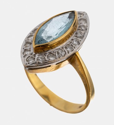 14 kt Gold Aquamarin-Diamant-Ring, GG/WG 585/000, Aquamarin-Navette ca. 1.20 ct, 18 8/8-Diamanten zus. ca. 0.22 ct Weiß/si-p1, RW 49, ca. 4.8 g