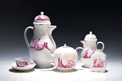Serviceteile, Rauenstein, nach 1783, Porzellan, Camaieu-Malerei mit Landschaftsveduten, Kaffeekanne, Teekanne, Mokkakännchen, 4 UT, 1 Kaffeetasse, ...