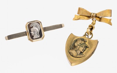 Schmuck Konvolut, um 1900, best. aus: 1 Brosche, verg., Schleife, bewegl. Abhängung mit wappenf. Medaillon, Vorderseite mit antikem Kriegerkopf, ...
