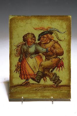 Hinterglasmalerei, süddeutsch, wohl Augsburg, 18. Jh., tanzendes Bauernpaar, ca. 21x15cm