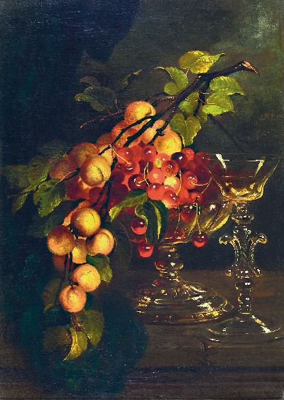 Ludwig Adam Kunz, 1857 Wien-1929 München, Stillleben mit Gläsern, Kirschen und Mirabellen, Öl/Lwd, rechts unten signiert, ca. 65x47cm, R. ca. ...