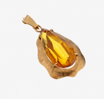 14 kt Gold Farbstein-Anhänger, GG 585/000 gepr., facett. tropfenf. Citrin-Synthese, Clipöse, L. ca. 4 cm, ca. 7.0 g