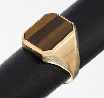 14 kt Gold Tigeraugen-Ring, GG 585/000 gepr., oktagonale Tigeraugen-Platte, RW 66, ca. 5.3 g
