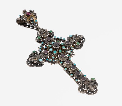 Türkis-Granat-Kreuzanhänger, um 1860, Silber gepr., reiches Dekor mit blütenf. Elementen und Masken, kl. Türkise und facett. Granate, ...