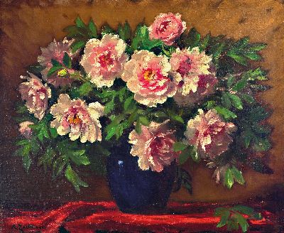 Robert Zartmann, 1874 Metz-1954 Karlsruhe, Stillleben mit voll erblühten rosa Pfingstrosen, Öl/Holz, links unten signiert, ca. 65x80cm, R. ca. ...