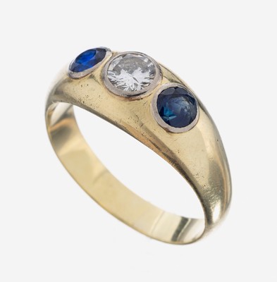 14 kt Gold Saphir-Brillant-Ring, GG 585/000, 2 rundfacett. Saphire zus. ca. 1.0 ct, 1 Brillant ca. 0.65 ct Weiß/vs, RW 72, ca.10.9 g