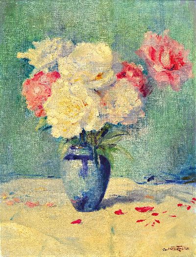 Curt Weckmüller, geb. 1877 Schöndorf, Stillleben mit weißen und rosa Rosen, Öl/Lwd, rechts unten sign., ca. 50x65cm, R. ca. 81x65cm, Weckmüller ...