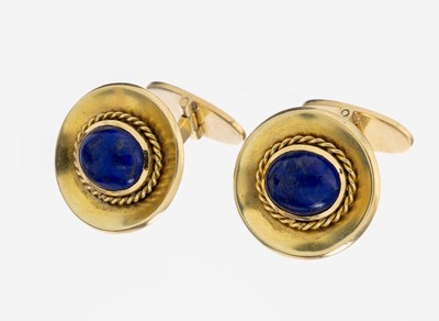 Paar 14 kt Gold Lapislazuli-Manschettenknöpfe, GG 585/000, konkave ovale Platte, mittig ovaler Lapislazuli-Cabochon, Kordeldrahtverzierung, ca. 16.4 ...