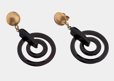 Paar 18 kt Gold Onyx-Ohrstecker, 1920er-30er Jahre, GG 750/000, GG-Stecker sat., sek., bewegl. Onyx-Kreise, L. ca. 4.5 cm