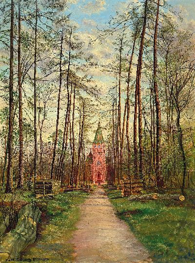 Karl Schoch, 1948 Burgdorf-1903 München, Blick auf die Großherzogliche Grabkapelle in Karlsruhe, Öl/Lwd, links unten signiert R. Schoch Ettlingen, ...