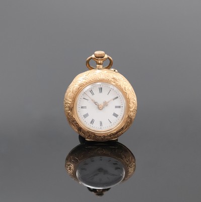Damentaschenuhr in RG 585/000, Schweiz um 1900, offenes, fein grav. Geh. dell., auf Rückdeckel grav. Monogr., Emailzifferbl. riss., gold. Zeiger, ...
