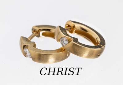 Paar 14 kt Gold CHRIST Brillant-Ohrcreolen, GG 585/000, Oberfläche sat., 2 Brillanten zus.ca. 0.10 ct Weiß/si, ca. 3.9 g