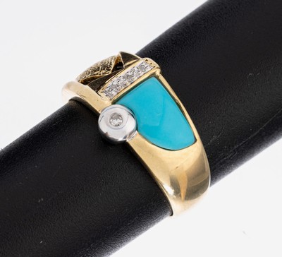 14 kt Gold Diamant-Türkis-Ring, GG 585/000,part. strukt, 4 kl. 8/8-Diamanten, Türkis- Einlage, RW 56, ca. 4.0 g