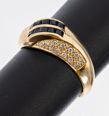 18 kt Gold Brillant-Saphir-Ring, GG 750/000, 24 Brillanten zus. ca. 0.12 ct Weiß/si, 10 Saphir-Carrees zus. ca. 0.12 ct, RW 58, ca. 4.8 g
