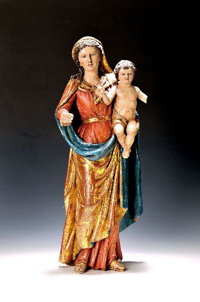 Bildschnitzerei/Madonna/Mutter Gottes mit Kind, um 1900, Holz geschnitzt, einige Fehlstellen: Zepter, Finger Madonna, Fuß und Unterarm Jesuskind, H. ...