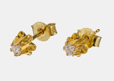 Paar 14 kt Gold Brillant-Ohrstecker, GG 585/000, 2 Brillanten zus. ca. 0.10 ct feines Weiß/p, ca. 1.3 g