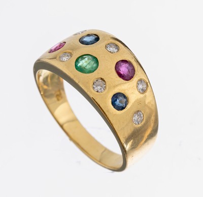 18 kt Gold Brillant-Farbstein-Ring, GG 750/000, 7 Brillanten zus. ca. 0.14 ct Weiß/si, 2 rundfacett. Saphire, 2 rundfacett. Rubine und 1 ...