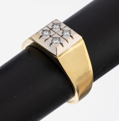 18 kt Gold Brillant-Ring, GG/WG 750/000, 4 in WG gefasste Brillanten zus. ca. 0.20 ct feines Weiß-Weiß/vs, RW 64, ca. 11.1 g
