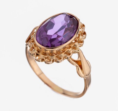 14 kt Gold Farbstein-Ring, Russland 1960er Jahre, RoseG 583/000, ovalfacett. synth. Korund, RW 63, ca. 6.4 g