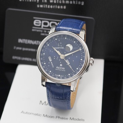 EPOS BM North Star Herrenarmbanduhr Referenz 3439K/0978, Schweiz lt. beil. Pap. verk. 11/2024, Automatik, Edelstahlgeh. an blauem Lederband, beids. ...