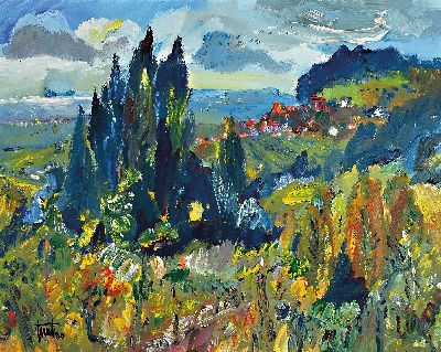 Georg Günther Zeuner, 1923 Dresden-2011 Speyer, "Weinland Pfalz", 1980, rechts unten signiert und datiert, Acryl/Lwd, 80x100 cm, Rahmen ...