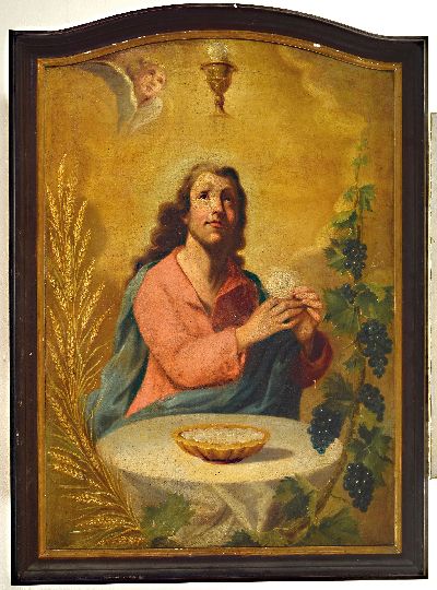 Christus als eucharistischer Heilsbringer, 18. Jh., Darstellung Christi mit Hostie zwischen Ährengarbe und Weinrebe, Verbildlichung der ...