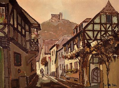 Hans Rolf Peter, 1926 Neustadt-2020, Blick durch Hambach auf das Schloß, signiert, Öl/Lwd, Rahmen 70x90 cm