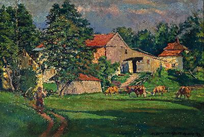 Albin Tippmann, 1873 Wurzen-1952 München, Blick auf ein Gehöft mit Vieh und Bauer, gekonntes Spiel mit Licht und Schatten, rechts unten signiert ...