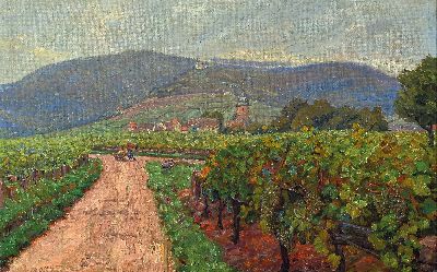 Heinrich Strieffler, 1872 Neustadt-1949 Landau, Blick über spätsommerliche Reben auf Burrweiler, Öl/Lwd auf Platte doubliert, verso von der ...