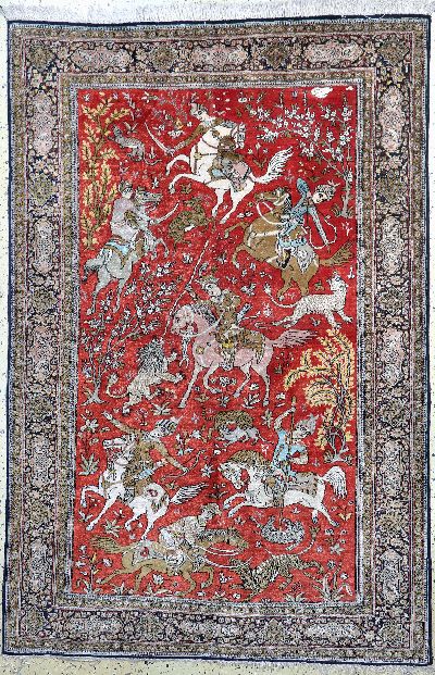 Ghom Seide"Jagd-Motiv", Persien, Mitte 20.Jhd, reine Naturseide, ca. 205 x 140 cm, EHZ: 2