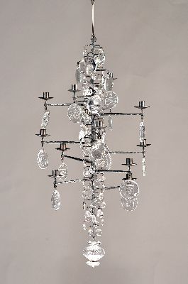 Deckenleuchter, Erik Sylvester Höglund für Kosta Boda, Schweden, 1960er-Jahre, schwarzer Metallkorpus, Behang aus unterschiedlich großen ...