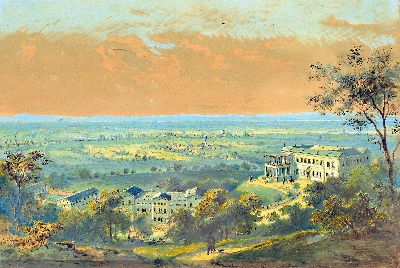 Zuschreibung Heinrich Jakob Fried, 1802 Queichheim-1870 München, Villa Ludwigshöhe bei Edenkoben, 1852-1870, Darstellung vor der Aufforstung ab ...