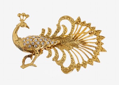 18 kt Gold Brillant-Brosche "Pfau", GG 750/000, qualitätvolle Verarbeitung, Körper mit 25 Brillanten zus. ca. 0.28 ct feines ...