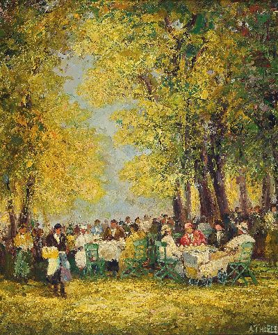 Alexander Thiele, geb. 1924 München, "Münchener Biergarten" so verso bez., rechts unten signiert, Öl/Lwd, 60x50 cm, Rahmen 73x63cm; ...