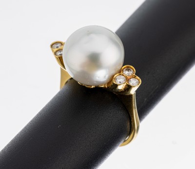 18 kt Gold Perl-Brillant-Ring, GG 750/000, unrunde Südseezuchtperle, D. ca. 12.1 mm, 6 Brillanten zus. ca. 0.12 ct Weiß/si, RW 54, ca. 7.1 g