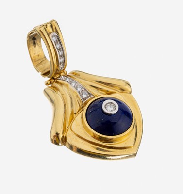 18 kt Gold Lapislazuli-Brillant-Clipanhänger, GG/WG 750/000 gepr., geometrisch, Lapislazuli-Halbkugel, 11 Brillanten zus. ca. 0.15 ct Weiß/vs-si, ...