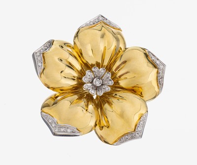 18 kt Gold Diamant-Brosche "Blüte", GG/WG 750/000, 1 Brillant und 35 8/8-Diamanten zus. ca. 0.30 ct Weiß/vs-si, ca. 4.7 x 4.7 cm, ca. ...