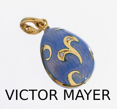 18 kt Gold VICTOR MAYER für FABERGE Brillant- Anhänger, GG 750/000, limitierte Edition hier 325/000, Ei, transluzides blaues Email auf ...